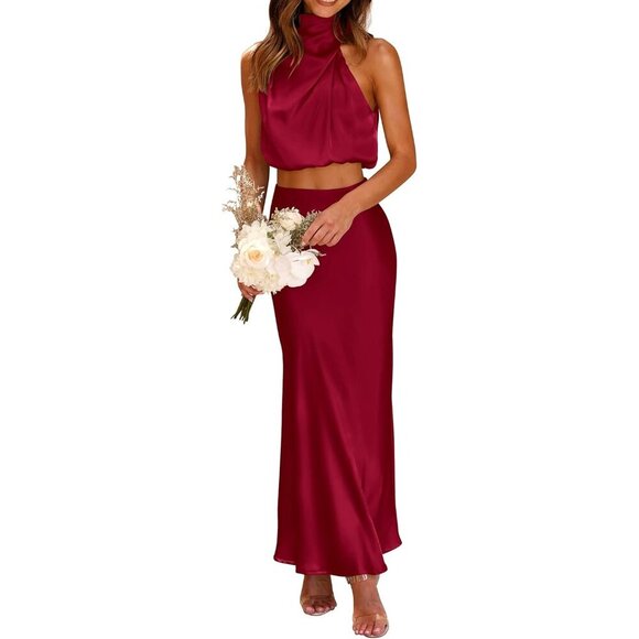 Women's Satin Two Piece Outfit Crop Top Long Skirt Summer Formal